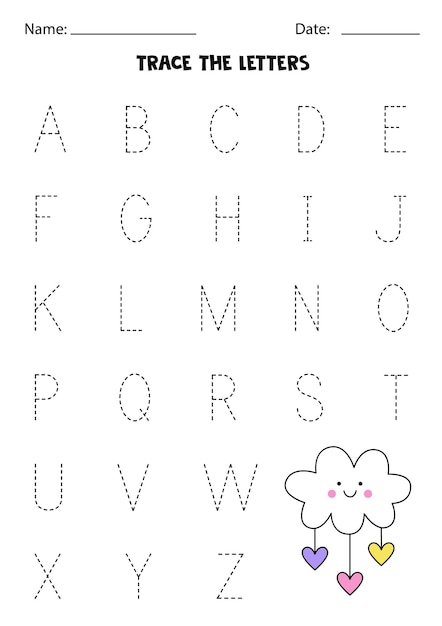 Apprendre L'alphabet. Traçage Des Lettres. Nuage De Dessin Animé Mignon.