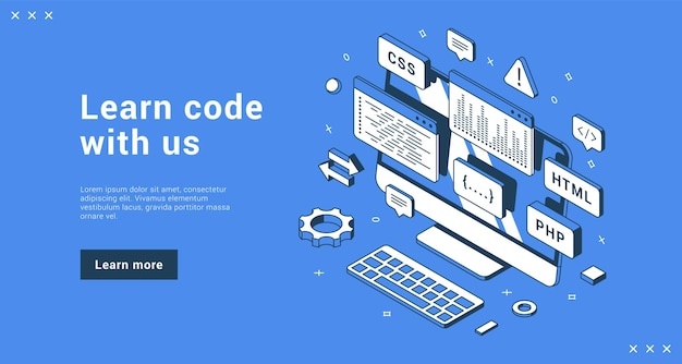 Vecteur apprenez le code avec nous programmation école internet publicité bannière landing page illustration vectorielle isométrique. cours d'informatique de développement de logiciels de codage avec informations sur la base de données