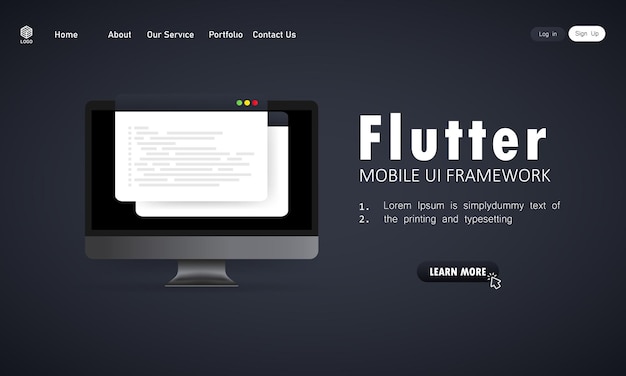 Apprenez à coder Flutter Mobile UI Framework sur écran d'ordinateur, illustration de code de langage de programmation. Vecteur sur fond blanc isolé. EPS 10.