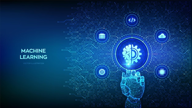 Apprentissage automatique AI Intelligence artificielle Apprentissage profond Réseau neuronal Big Data Arrière-plan avec des connexions de carte de circuit et des icônes technologiques Wireframe appuyant à la main sur le bouton Illustration vectorielle