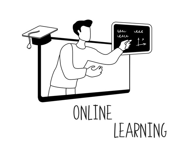 Vecteur apprentissage en ligne enseignant masculin enseigne professeur en ligne au travail à distance minimalisme vecteur linéaire