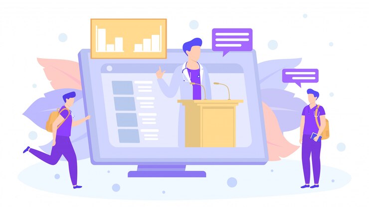 Vecteur apprentissage en ligne de médecins médecins stagiaires avec conférencier par illustration informatique.