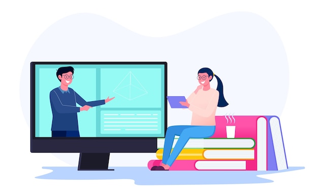 apprentissage en ligne par les étudiants avec l'enseignant sur le concept d'illustration d'écran