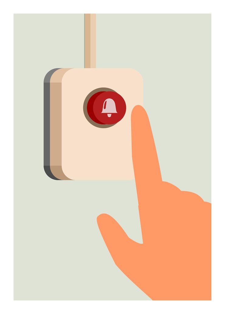 Vecteur appuyer à la main sur le bouton de la cloche illustration plate simple