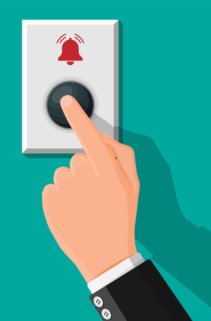 Vecteur appuyez à la main sur le bouton de la cloche à la porte d'entrée le doigt appuie sur l'interrupteur de la sonnette la personne sonne dans l'appartement illustration vectorielle plane