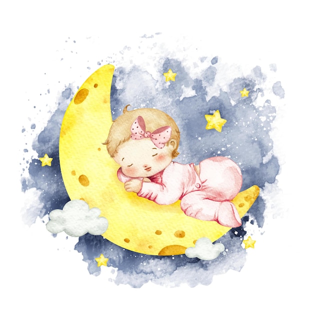 Aquarelle bébé fille dormir sur la lune gratuit