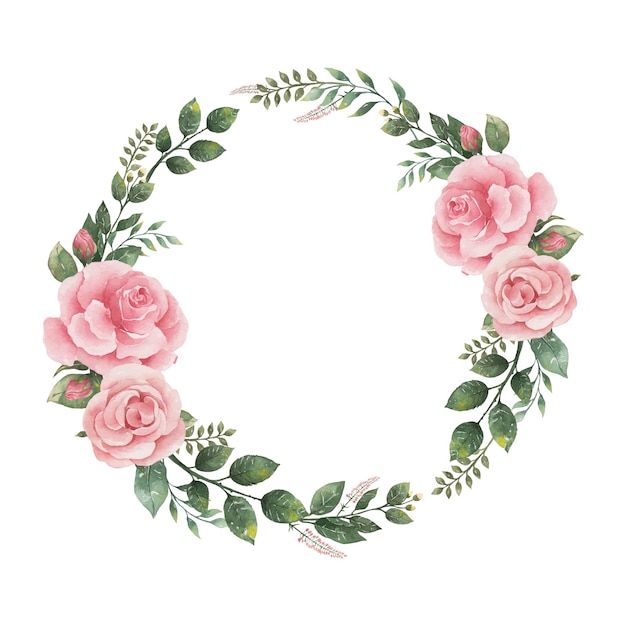 Vecteur aquarelle botanique peinture rose rose fleur et cadre de couronne de feuilles vertes pour la décoration de cartes de voeux et d'invitation de mariage