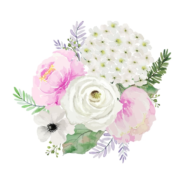 Aquarelle De Bouquet De Fleurs Roses Et Blanches Vintage