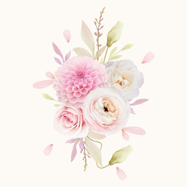 Aquarelle Bouquet De Roses Roses Renoncule Et Dahlia