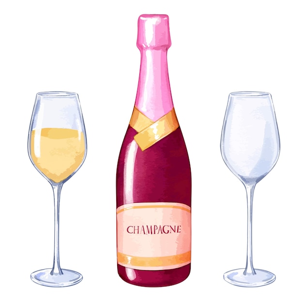 aquarelle bouteille de champagne et verres illustration vectorielle pour la conception festive et de célébration