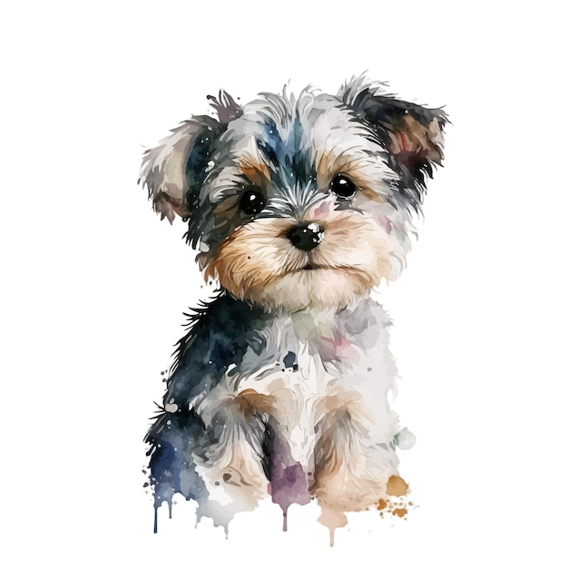 Une Aquarelle D'un Chiot Avec Un Fond Bleu Et Blanc.