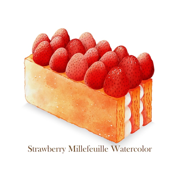 Aquarelle De Conception De Vecteur De Gâteau Millefeuille Aux Fraises