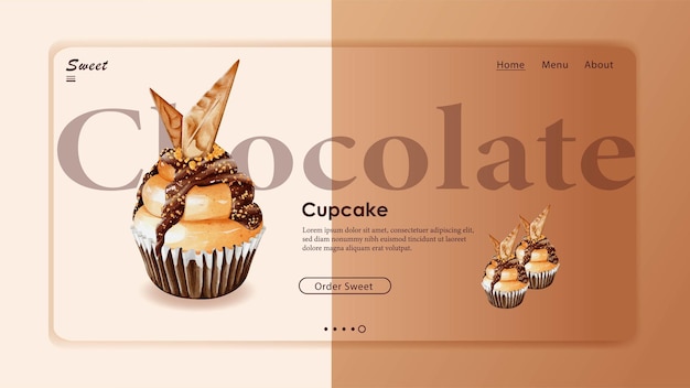 Aquarelle De Conception Vectorielle De Modèle De Site Web De Cupcake à La Crème Au Chocolat