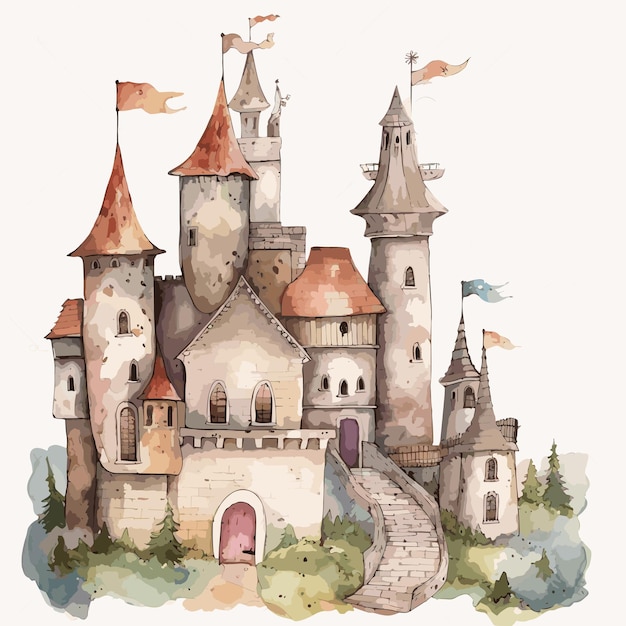 Vecteur aquarelle créative château de contes de fées dessiné à la main