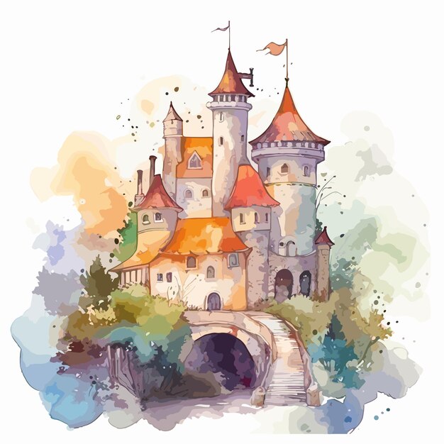 Vecteur aquarelle créative château de contes de fées dessiné à la main