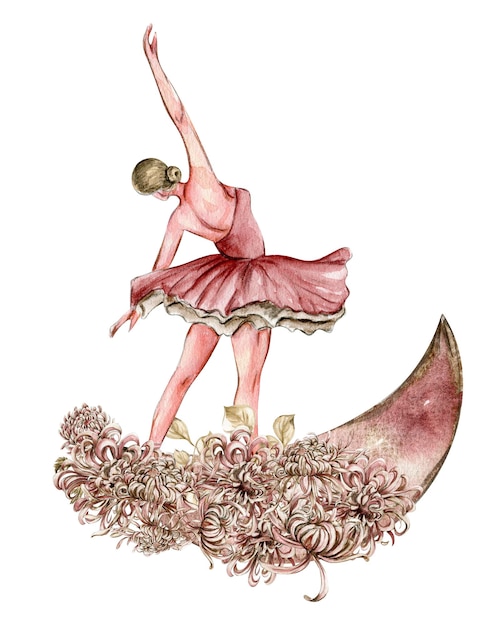 Aquarelle dansant jolie ballerine rose avec fleurs et lune. Illustration aquarelle dessinée à la main.