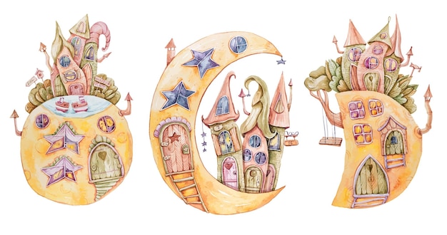 Aquarelle dessin animé enfants lune maisons illustration enfants clipart de conte de fées pour autocollants de sublimation