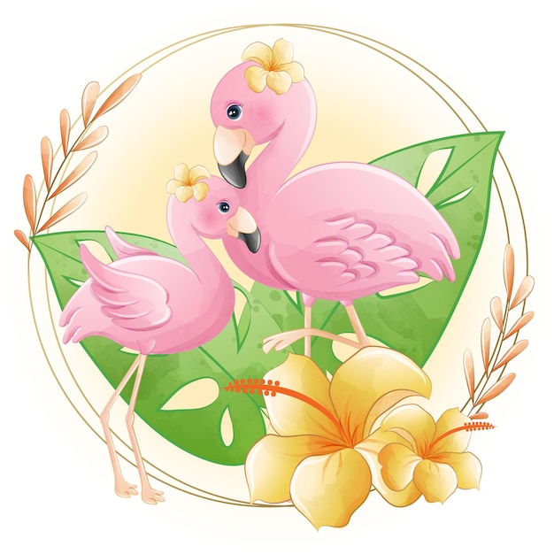 Vecteur aquarelle dessin animé mignon petit flamant rose avec floral