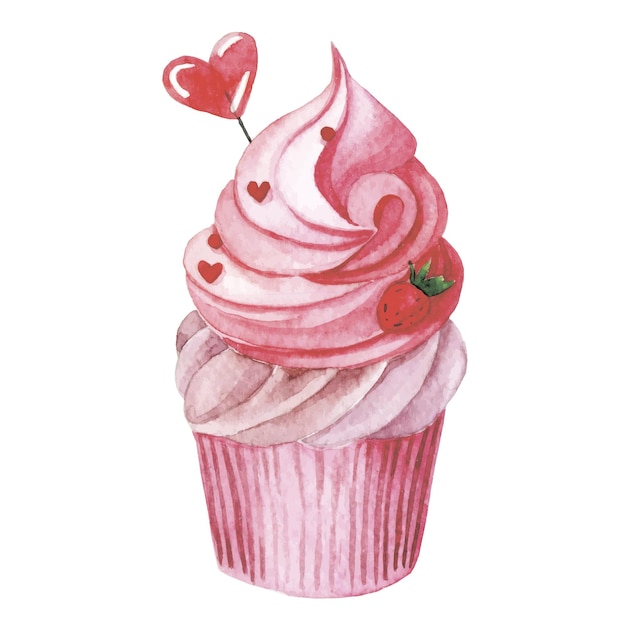 Aquarelle dessinant un joli petit gâteau avec une crème rose et une illustration de coeur pour la Saint-Valentin