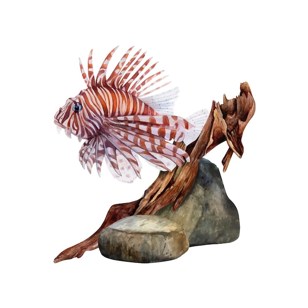 Aquarelle Dessinée Ensemble De Pierres De Fond Snag Et Lionfish Sur Fond Blanc Peint Scillfully