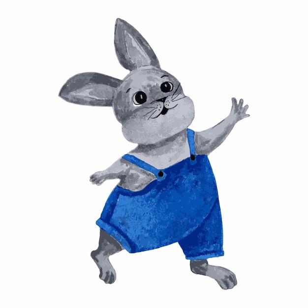 Vecteur aquarelle dessinée à la main un lièvre gris un lapin en salopette bleue