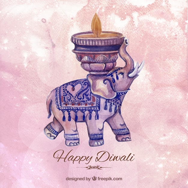 Aquarelle Diwali Fond Avec Un éléphant