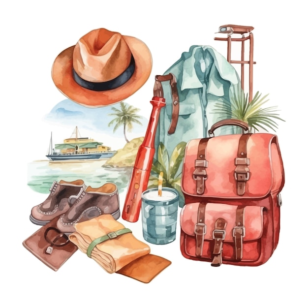 Aquarelle éléments De Tourisme Ensemble Clipart Tente Bouilloire Tasse Souche D'arbre Feu De Joie Guimauves