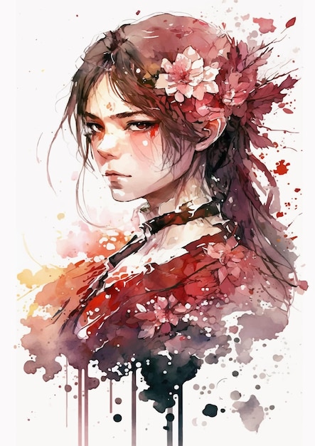 Vecteur une aquarelle d'une femme avec des fleurs sur son visage