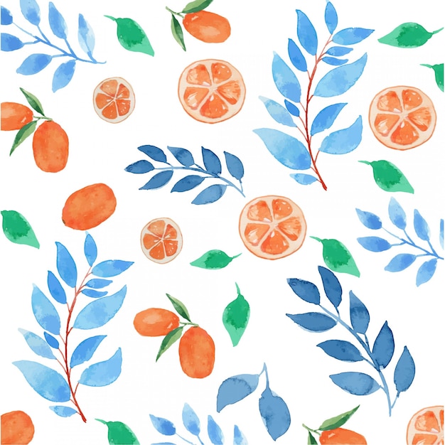 Aquarelle feuilles bleues et oranges Floral Seamless Pattern