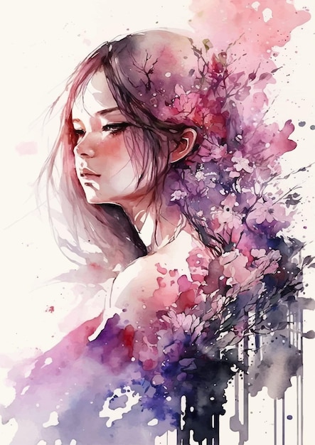 Une Aquarelle D'une Fille Avec Une Fleur Dans Les Cheveux