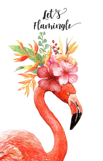 Aquarelle Flamingo Avec Bouquet Tropical Sur La Tête.