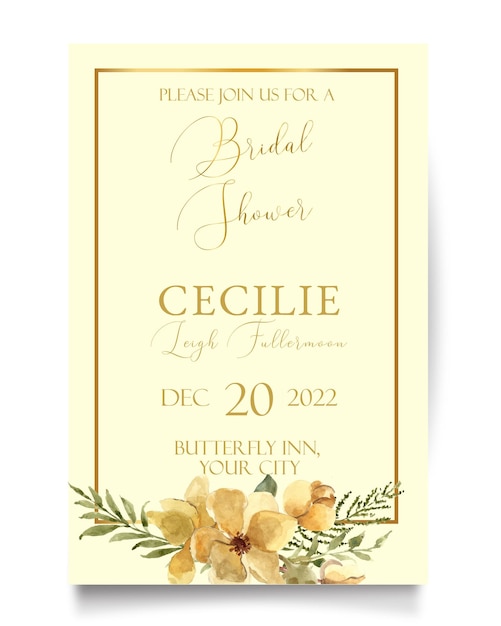 Vecteur aquarelle de fleur de magnolia jaune poussiéreux vintage avec invitation de douche nuptiale de mariage cadre doré