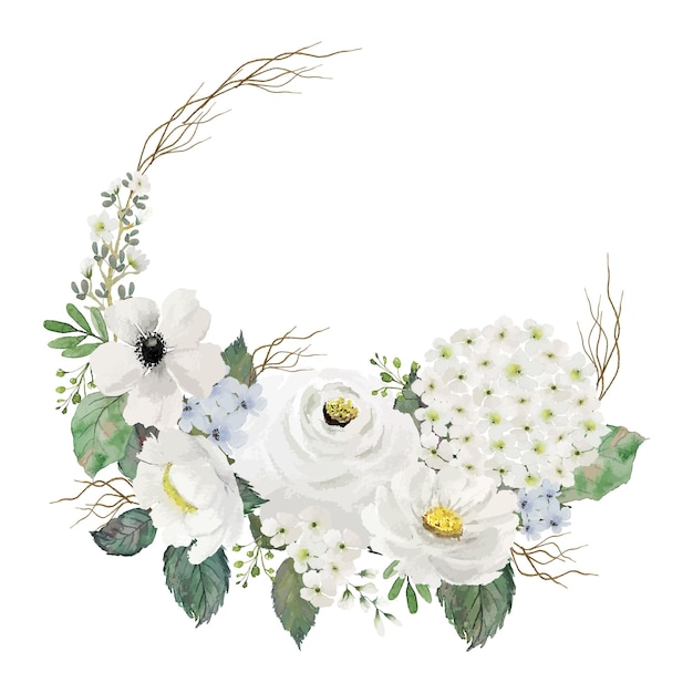 Aquarelle fleurs blanches et bouquet de feuilles vertes avec cadre de branche de cercle partiel
