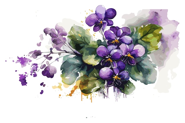 Une Aquarelle De Fleurs Violettes Avec Des Feuilles Vertes.