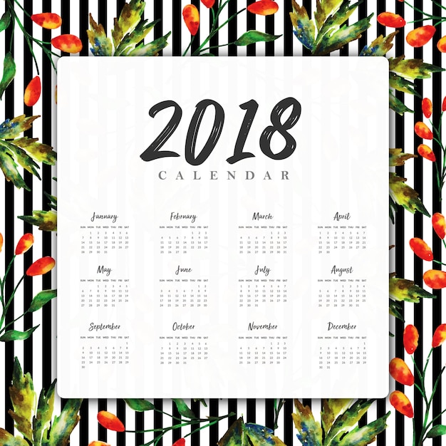 Vecteur aquarelle floral 2018 nouvel an calendrier annuel avec des rayures noires