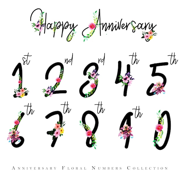 Aquarelle Floral Happy Anniversary Numbers Collection