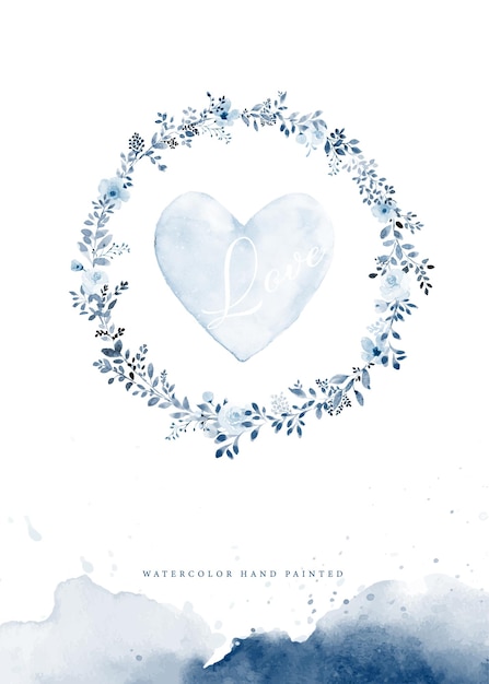 Aquarelle En Forme De Coeur Dans Une Couronne De Fleurs Et De Feuilles Bleues Aquarelle Peinte à La Main Adaptée à L'invitation De Mariage De La Saint-valentin Enregistrer La Date Merci Affiche Ou Carte De Voeux