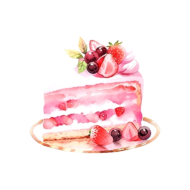 Vecteur aquarelle de gâteau d'anniversaire rose coloré dans un style vintage sur affiche de vecteur dessiné main fond blanc