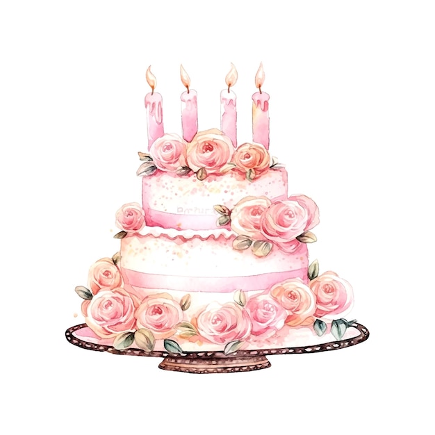 Vecteur aquarelle de gâteau d'anniversaire rose coloré dans un style vintage sur affiche de vecteur dessiné main fond blanc