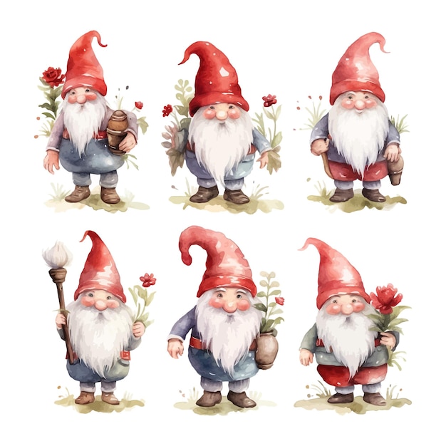 Aquarelle Gnome Clipart Ensemble Fond Blanc