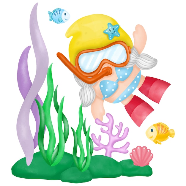 Aquarelle Gnomes Plongée Été Clipart