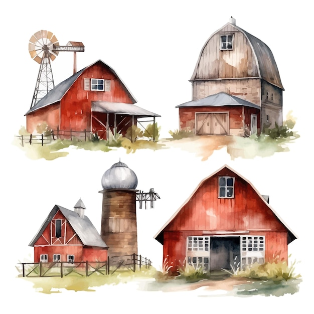 Aquarelle Granges Clipart Ferme Style Rouge Grange Maison Cheval Tracteur Moulin à Vent Porte En Bois Illustration