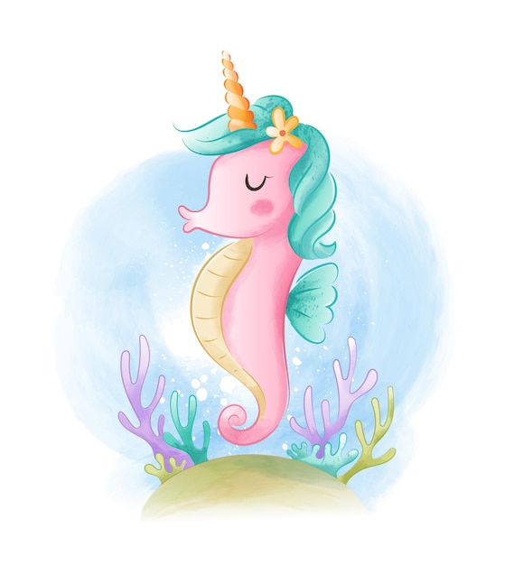 Aquarelle Hippocampe Licorne