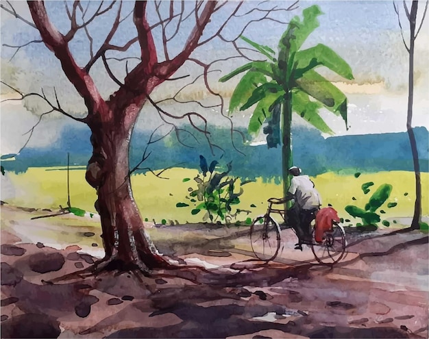 Aquarelle, A, Homme, Bicyclette, Dans, Village Route, Main, Art