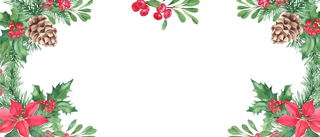 Aquarelle horizontale cadre de bord de Noël illustration dessinée à la main cône de pin et branches de houx