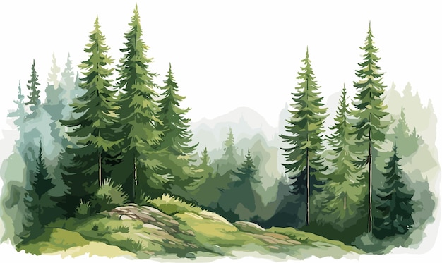 Aquarelle Illustration d'arbre forestier Paysage de montagne Bois de pins Forêt verte