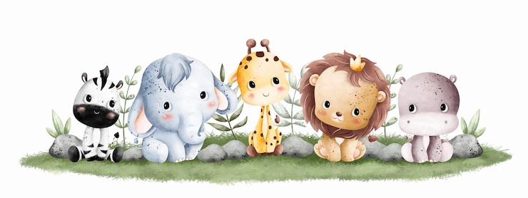 Vecteur aquarelle illustration jungle bébé animal assis sur le fond d'herbe