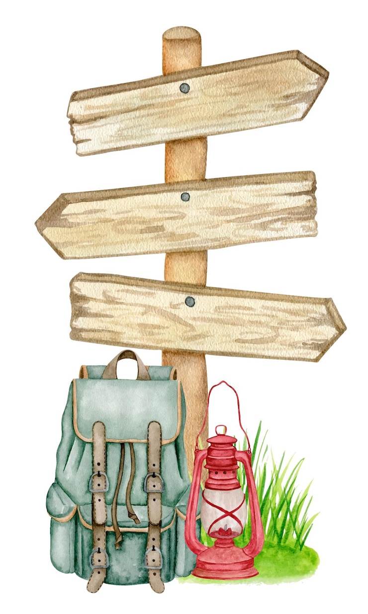 Vecteur aquarelle illustration touristique dessinée à la main route en bois chanter herbe bush sac à dos lampe à pétrole clipart