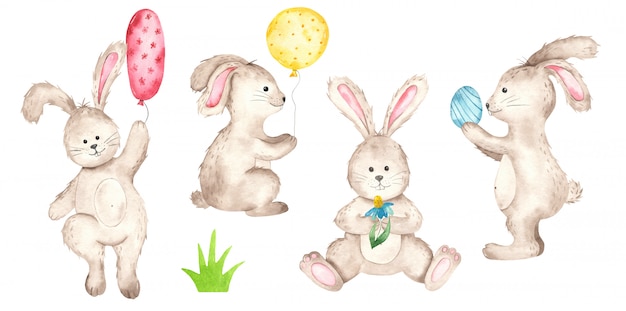 Vecteur aquarelle de lapins de pâques mignons