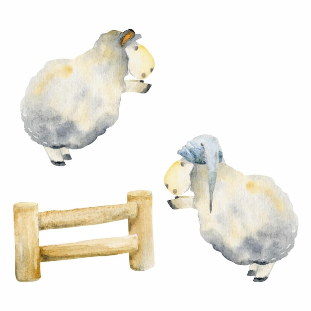 Aquarelle Main Dessinée Illustration Magique Mignon Bébé Mouton En Peluche Animaux Sautant Clôture Dessin Animé Jouet Personnage Objet Unique Isolé Sur Fond Blanc Enfants Enfants Chambre Tissu Linge De Maison Imprimer